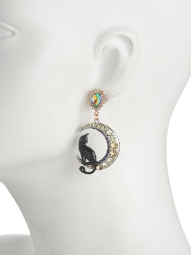 Betsey Johnson Black Cat Crescent Moon Drop Earrings, Crystal Accents, Two-Tone Design2