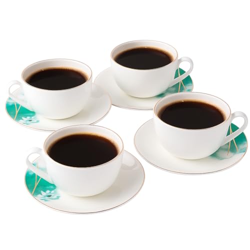 London Boutique Elegant Porcelain Large Tea and Coffee Cup Set, 300ml, White with Turquoise Marble Design, Gold Banding, Set of 4 (4) for Cappuccino Latte Mocha Americano