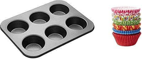 Xacton Combo of Muffin Moulds for Baking Muffin Tray with 100 Pcs Paper Cupcake Liner for Handmade Soap, Biscuit Chocolate Mould–Carbon Steel Multicolor