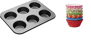 Combo of 6 Slot Muffins Tray with 100 Pcs Paper Cake Cup Liners | Cupcake Cases | Round Shape Baking Cups | Reusable Silicone | for Handmade Soap, Biscuit Chocolate Multicolor