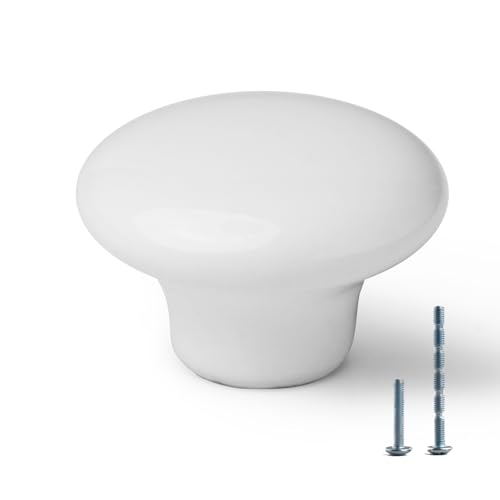 Image of 25PCS Kitchen Cabinet Knobs and Pulls - Round White Dresser Knobs and Handles with Screws - Vintage White Ceramic - 38mm /1.5
