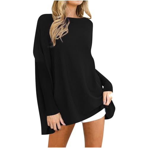 Langarmshirt Damen Einfarbig Pullover Elegant Oberteile Lang Rundhals Bluse Winter Lockere Pulli Große Größen Tunika Leichte Longbluse Bequemer Shirt Essentials Blusentops...