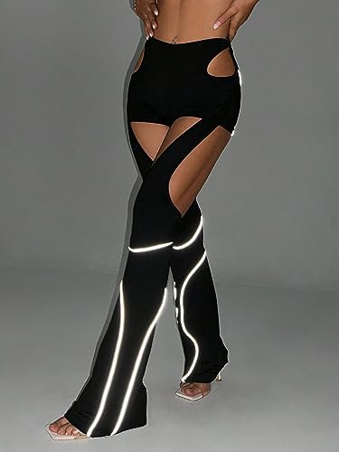 GORGLITTER Women's Rave Festival Disco Pants Outfits Y2K Chaps Cut Out Low Waist Flared Bottom Soft Grunge Edgy Outfit4