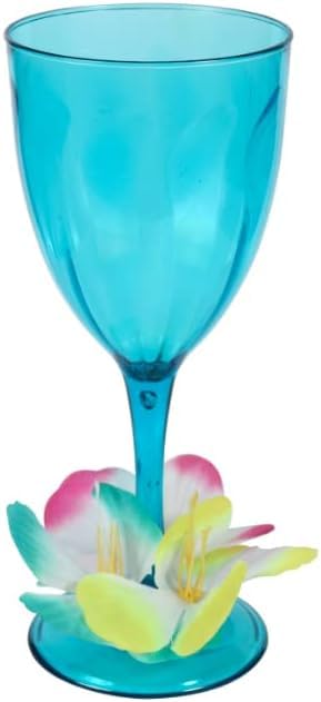 Doche JF- Plastic Floral Luau Wine Goblets, 13.9 oz, (Set of 4) Green, Orange, Blue, and Pink, Large