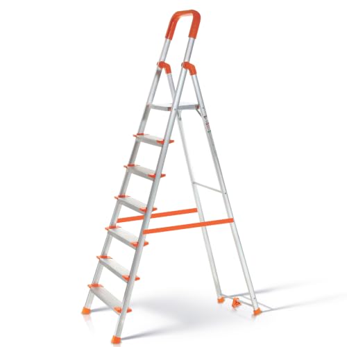 HOUZA Aluminium Ladder for Home 7 Steps Foldable with Anti-Skid Wide Steps | 7 Step Ladder for Home Use, Kitchen & Household | 250 Kg Load Capacity Fo