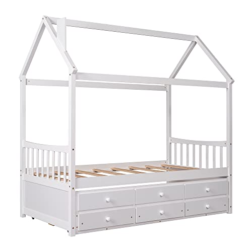 Moeo Twin Size House Bed With Trundle And 3 Storage Drawers, Wood Captain's Daybed Fram For Bedroom/Kids, No Spring Box Required - White #TOP7