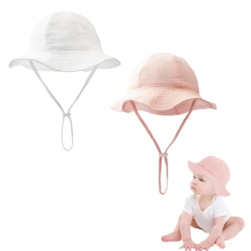 AYZDJ Lot de 2 Chapeaux de Soleil pour bébé Fille – Chapeau Bucket en Coton Doux pour Nouveau-nés et Tout-Petits, Sangle de Menton réglable, Casquette de Plage légère pour 3 à 12 Mois