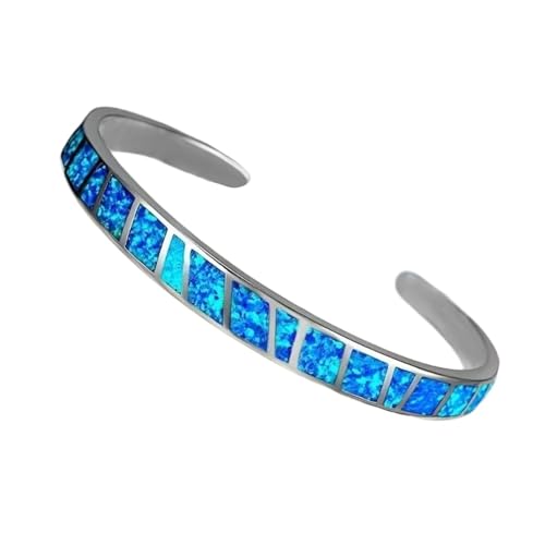Bracelet jonc ouvert argenté opale bleue, le cadeau d'anniversaire idéal avec pierre de naissance