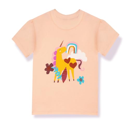 Niñas de Manga Corta 100% algodón Verano Camiseta niños Cuello Redondo Manga Corta Lindo, 3-4 años, Naranja Unicorn patrón