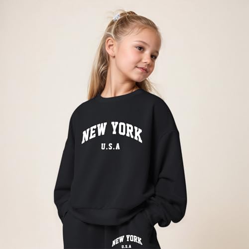 KEEVICI Cute Girls Graphic Sweatsuit 2 Piece Set New York USA Sweat Set Preppy Jogger Set Kids Cotton Letter Tracksuit2