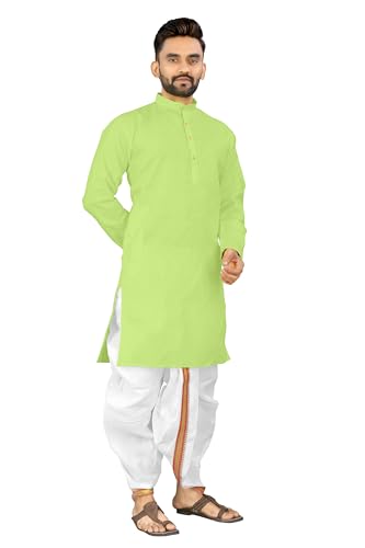 Image of UNIQUE MOMENTS Men's Cotton Dhoti Kurta Set with Full Sleeves Solid Pattern Modern Style and Mandarin Collar Neck | Perfect for Puja & Celebrations