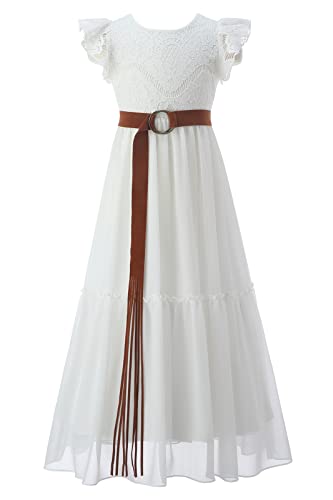 Bow Dream Flower Girl's Dress Vintage Lace with Belt Cowgirl for Junior Bridesmaid Country Party Ankle Length White 8