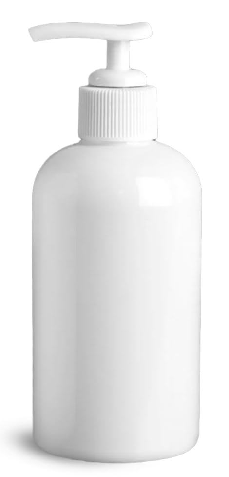 SKS Bottle & Packaging Empty Lotion Bottles - White PET Boston Round with White Lotion Pump - 8 Oz, Ideal Lotion Pump Bottle for Hair Products, Soap, or Lotion - USA Made, Pack of 24