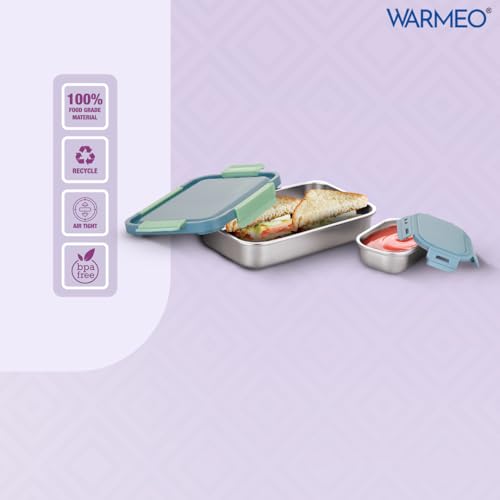 Buy WARMEO Carnival Stainless Steel Airtight Leak-Proof Lunch Box, Light Weight, Easy to Clean, Perfect for Office, School, Picnic & Travelling, Set of 2 (800ml+150ml) Blue & Mint Online at Low Prices in India - Amazon.in - Image 4