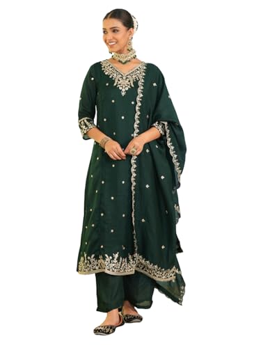 Image of Naixa Women's Vichitra Silk Embroidered A-Line Kurta with Pant and Dupatta Sets (NX-845)