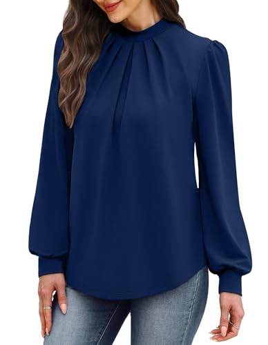 Image of WIHOLL Long Sleeve Shirts for Women Mock Neck Tops Pleated Front Blouses Dressy Casual Spring Fall Clothes 2026 Fashion