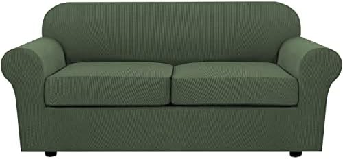 3 Piece Stretch Sofa Covers for 2 Cushion Sofa Couch Covers for Living Room Sofa Slipcovers Furniture Cover (Base Cover Plus 2 Seat Cushion Covers) Thicker Jacquard Fabric(Large Sofa, Bronze Green)
