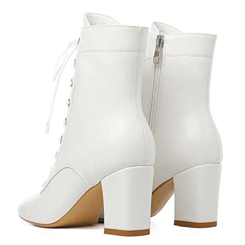 SEIFIN Women's Square Toe Chunky Heels Ankle Boots Block High Heeled Lace Up Short Booties Shoes3