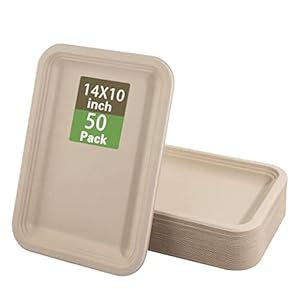 WDF 50 Pack 14 Inch Food Trays Disposable – 100% Biodegradable Compostable Heavy Duty Food Serving Trays, Extra Large Paper Plates for BBQ,Lobster, Seafood Boil Party Supplies