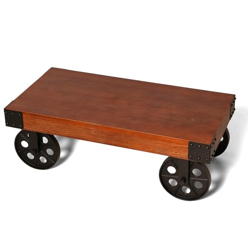 LOKKHAN Unleash Vintage Vibes! Mobile Industrial Coffee Table with 3 Lockable Wheels - 3.9' Thick Pine Tabletop 39.37' L x 19.7' W, Heavy - Duty Frame - Redefine Living Room Function & Style