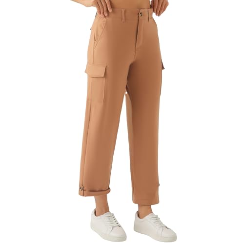 Women's Cargo Capri Pants - Stretch Work Cropped Pants with Pockets & Adjustable Hem for Office Travel Hiking Casual (Mocha XXL)