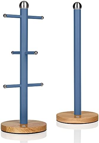 Swan Nordic Blue Kitchen Accessory Set with Mug Tree and Towel Pole, Bamboo Bases, Easy Storage, Soft Matte Finish, STP1012BLUN