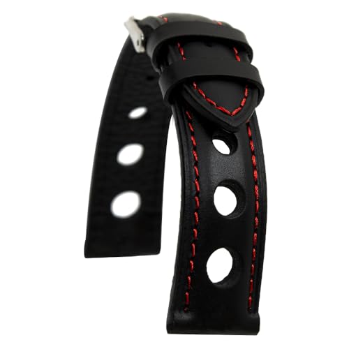 Bracelet de montre rally en cuir noir et surpiqûres rouges pour un style vintage intemporel