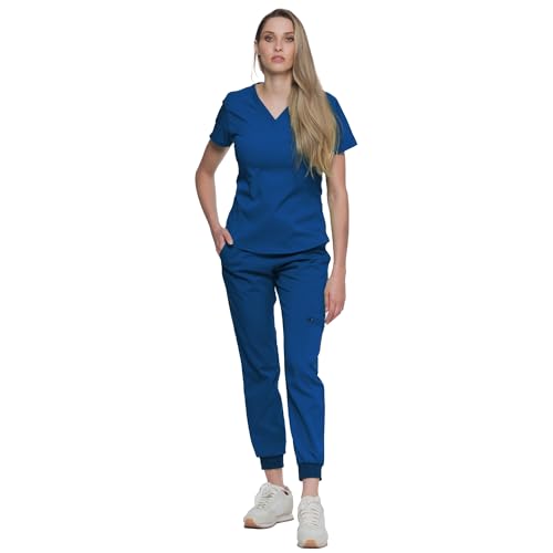 Kanaus | Beyond Women Scrubs Set - Stretch V-Neck Scrub Top & Pant with 4 Pockets, Yoga Waistband, Anti-Wrinkle and Fast Dry Scrubs for Women - Navy Blue - Medium