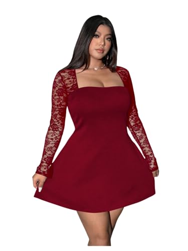 Image of Floerns Women's Plus Size Contrast Lace Sheer Long Sleeve A Line Dress Square Neck Mini Dresses