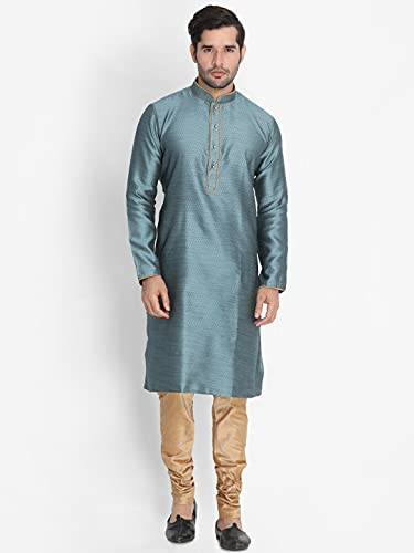 Image of VASTRAMAY Men's Aqua Cotton Silk Blend Kurta and Pyjama Set