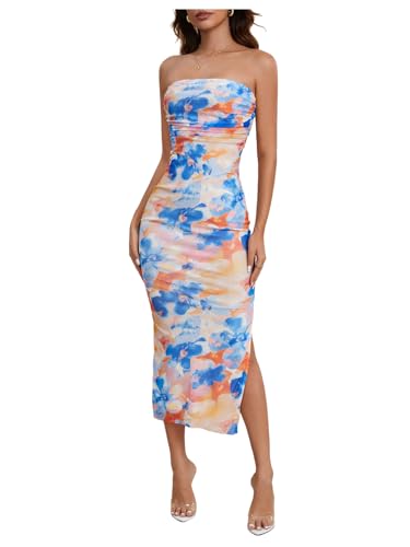 Image of Milumia Women's 2026 Summer Floral Strapeless Tube Top Dresses Side Slit Wedding Guest Bodycon Maxi Dress
