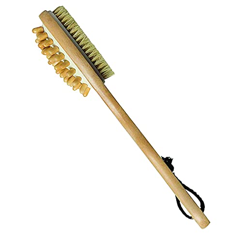 Sacred Salts Wooden Double Sided Body Brush With Massager and Long Handle | Natural Boar Bristles | Dry Brushing Removes Dead Skin, Treats Cellulite & Stimulates Blood Flow, Beige, 190 g