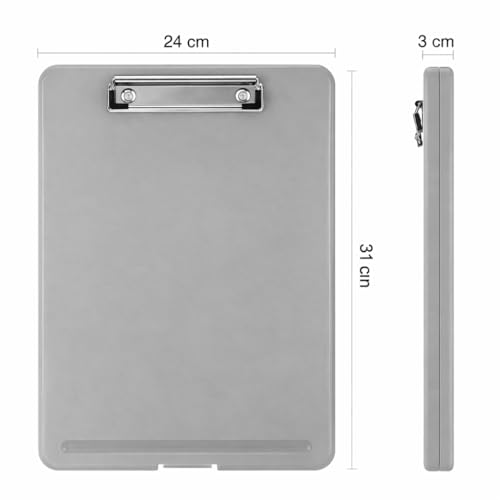 Image of YAJNAS A4 Foldable Plastic Clipboard with Built-in Storage and Pen Holder, Grey, 24 x 31 cm, for Office, Travel, Students, Teachers, Doctors, Nurses (Grey)
