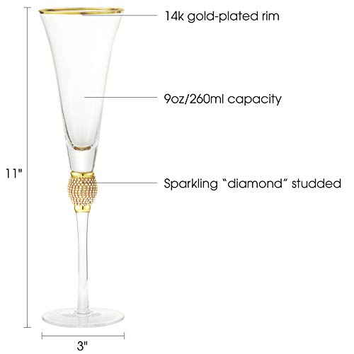Berkware Set Of 6 Champagne Glasses - Luxurious Champagne Trumpet Flutes With Gold Dazzling Rhinestone Design And Gold Rim #TOP5