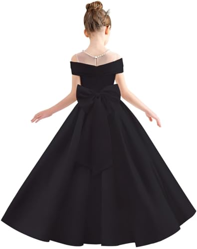 Satin Flower Girl Dresses for Wedding Beaded Solid Pageant Dress for Girls Long Ball Gown Dress with Bow