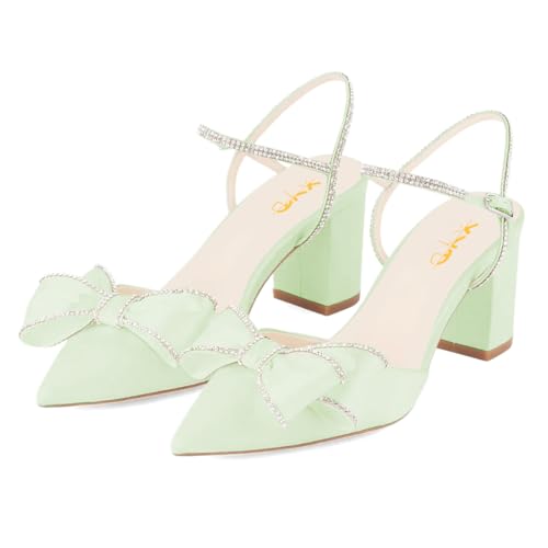 XYD Women Block Chunky Mid Heels Sparkling Ankle Strap Wedding Bowknot Pumps Pointed Toe Dress Shoes4