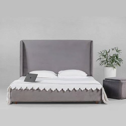 Image of Wooden Modern Upholstered King Size Bed for Bedroom | Wooden Double Bed Without Storage | Platform Cot Upholstered Bed with Upholstery Fabric | Engineered Wood | 6.5 x 6 Ft | Grey-A