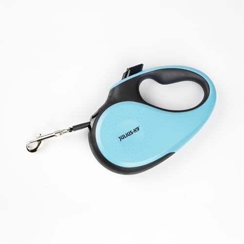 Julius-K9 Guinzaglio retrattile per cani, XS – nastro da 3 m, nero/turchese – manico antiscivolo, guinzaglio a nastro, estensibile, freno con una sola mano, pausa, blocco, nastro riflettente