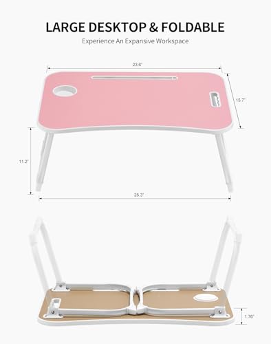 Image of ZEAPTAC Laptop Bed Desk, Foldable Lap Desk, Portable Lap Table, Laptop Stand with Cup Holder, Tablet Slot & Lifting Handle for Work, Write, Draw & Eat on Bed, Sofa or Couch - Pink