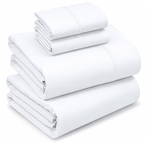 Image of RUVANTI 100% Cotton Percale Sheets, Full Size, Bright White | Crisp Cooling, Deep Pocket 16 inch, Soft Breathable & Durable, Hotel-Style, 4 Piece Set