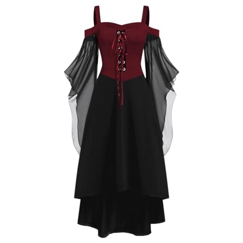TBloevwlh Vestido gótico victoriano, disfraz renacentista medieval para mujer, vestido medieval con mangas de trompeta, vestido maxi para carnaval, Halloween, fiesta, vino, M