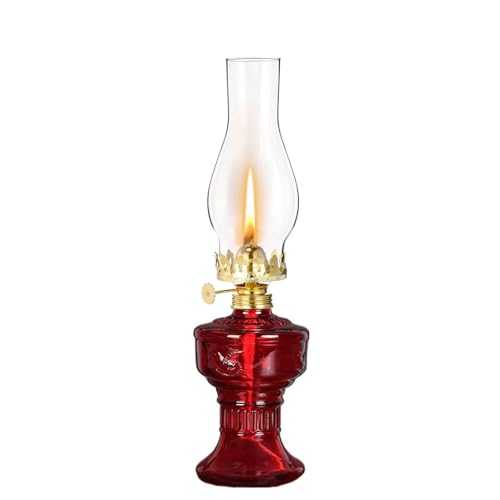 Rustic Color Oil Lamp Lantern Vintage Red Glass Kerosene Lamp 12.5''Chamber Oil Lamps for Indoor Use Home Decor Classic Old Hurricane Oil Lamp for Emergency Lighting