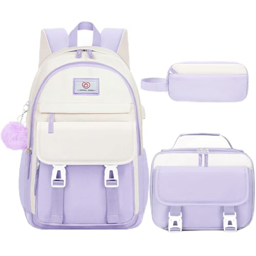 School Backpack for Girls - 4PCS Cute Girls Backpack with Lunch Box Set for Teens Women College, Middle & High School Bookbag Daypack with Aesthetic Design - 18″ Large Capacity (Age 12-25)