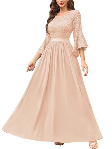 Image of Miusol Women's Formal Sparkle Sequin Lace Bell Sleeve Evening Party Maxi Dress
