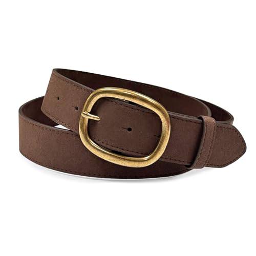 Rounded Edge & Antique Gold Oval Buckle Casual Jean Suede Leather Belt 1-1/2