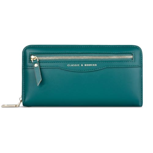 aurrako Women's Clutch Wallet Wristlet With Wrist Strap 2 Zipper Pocket For Credit Card Cash Long Purse(Green)2