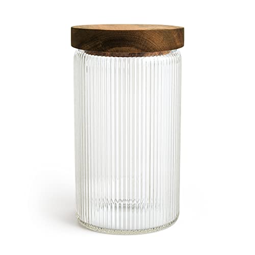 Ribbed Glass Jars, Stackable & Airtight Wooden Lid- Storage Canister For Cookies, Treats, Tea Or Sugar - Decorative High End Look For Kitchen, Pantry, Bar Or Bathroom Organization - 27 Oz, Single Set #TOP21