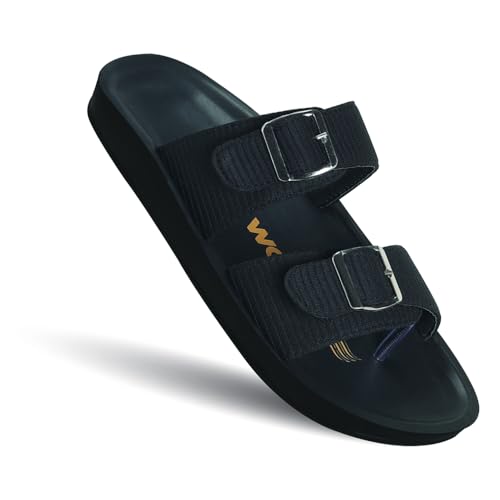 Image of Woccy Men's Double Strap Slide Slippers for Men | Comfortable Casual Flats with Buckle Closure | Slip-Resistant & Cushioned