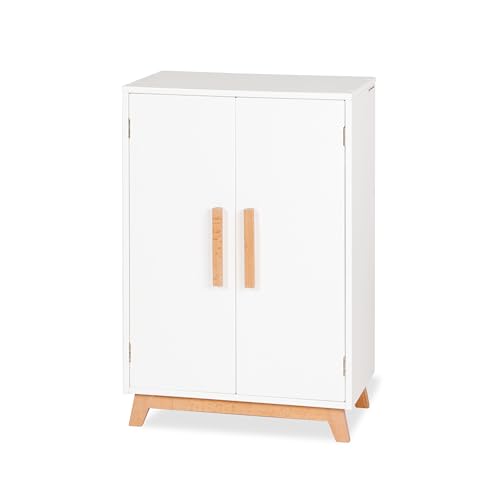 PINOLINO Puppenschrank Marit aus Holz mit 1 Einlegeboden, 1 Kleiderstange und 3 Kleiderbügeln und Puppenspielzeug, weiß