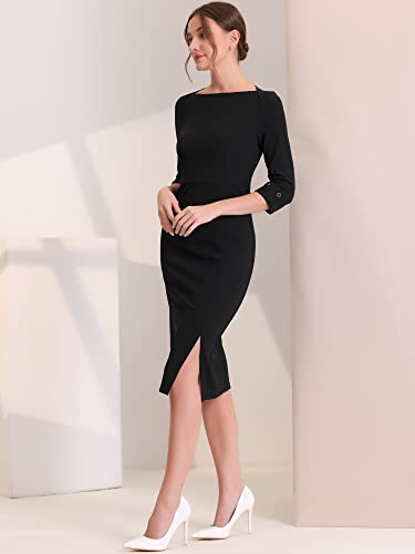 Allegra K Women's Elegant Boat Neck 3/4 Sleeves 2025 Wear to Work Midi Split Sheath Dress3